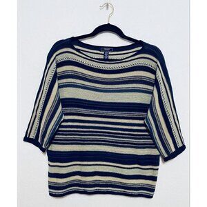 Chaps Denim Womens Medium Beige Blue Striped Sweater 3/4 Sleeves Aztec Southwest